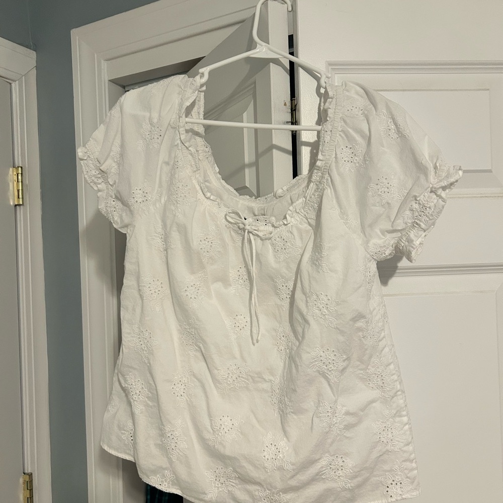 J. Crew White Puff Sleeve Blouse with Ruffled Tie Front